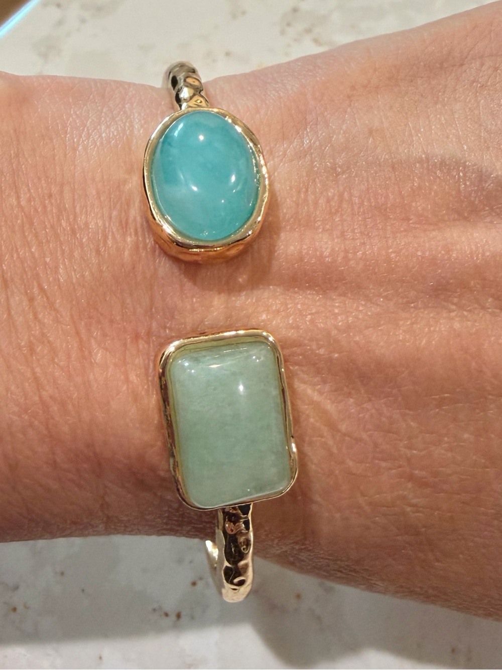 Hammered Gold Bypass Bangle with Turquoise & Amazonite Cuff Bracelet